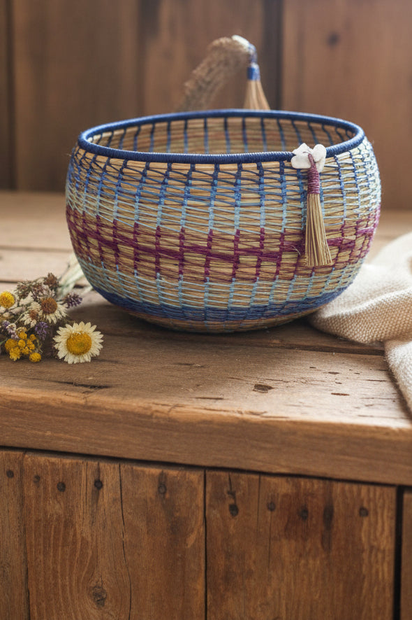 SOLD.....   Multi Colored Pine Needle Basket